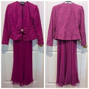 Vintage Ursula Size 8 Fuchsia Chiffon Dress With Jacquard Blazer And Bow